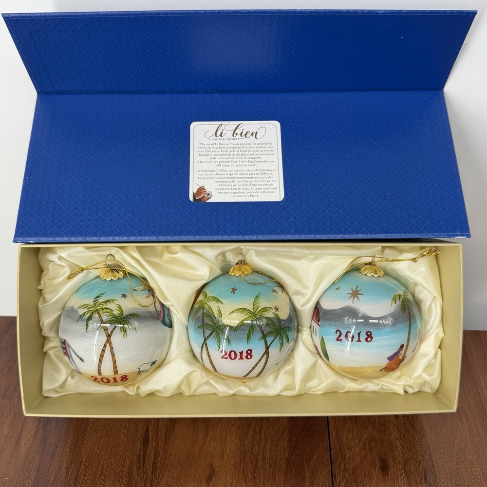 Three Hand‎ Painted Pier One Li Bien 2018 Christmas Ornaments w/ 3 Position Box